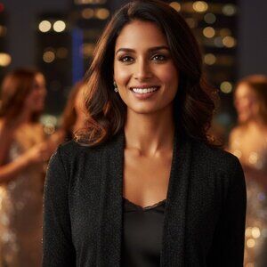 Ronni Nicole Women’s Elegant Black Shimmer Cardigan Top – Open Front Sparkling